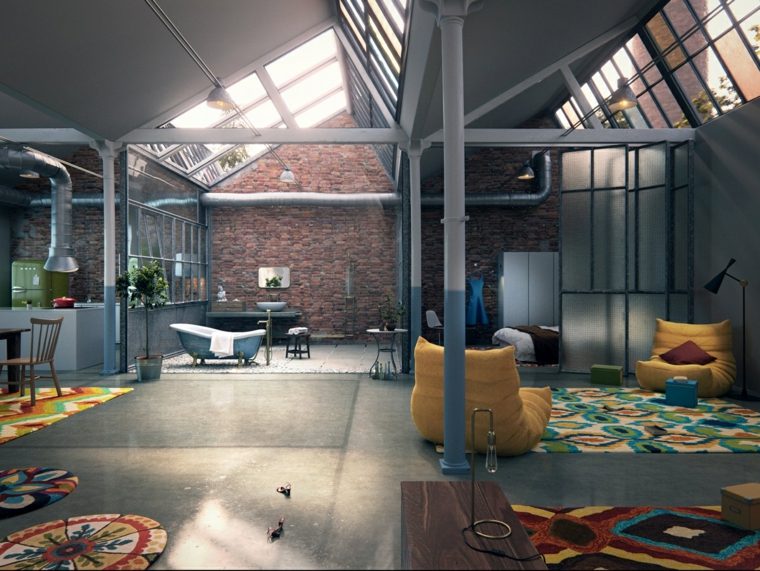 loft space ipari stílusú sárga fotel modern padlószőnyeg ötlet padlótervezés téglafal