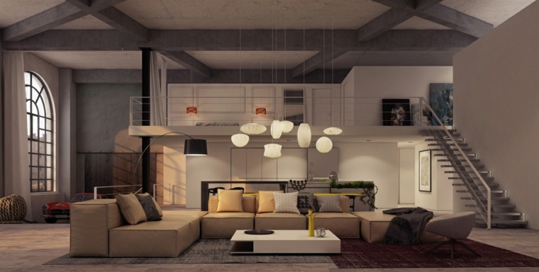 ipari tetőtéri bútorok nappali kanapé ötlet függő lámpa