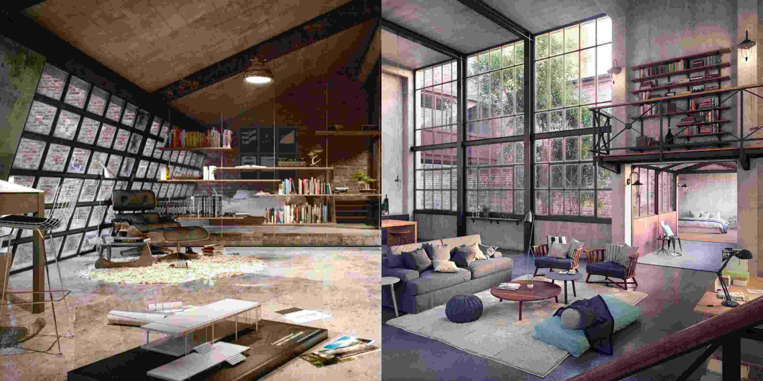 ipari tetőtér berendezi a helyet modern design kanapé nappalival