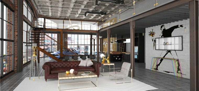 loft deco nappali kanapé bőrbútor modern tér ötlet design karosszék padlószőnyeg