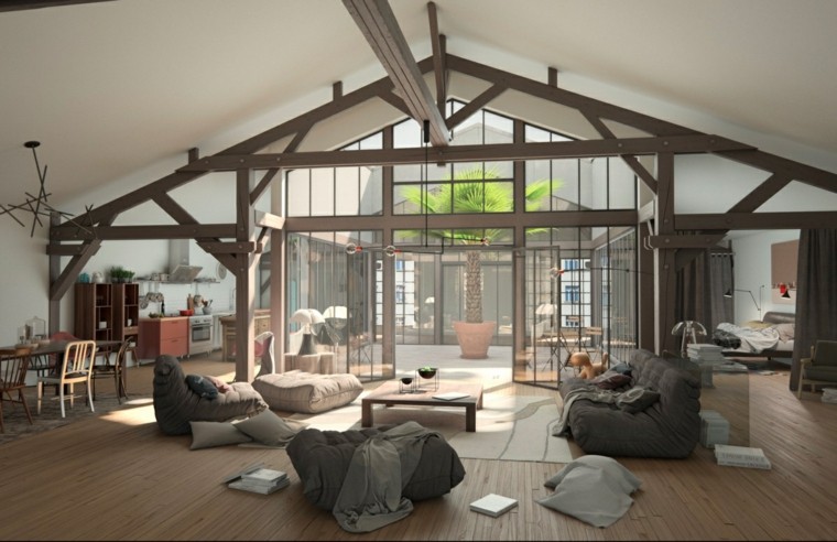 tetőtér boho elegáns ötlet karosszék nappali modern bútorokkal berendezett öböl ablakai