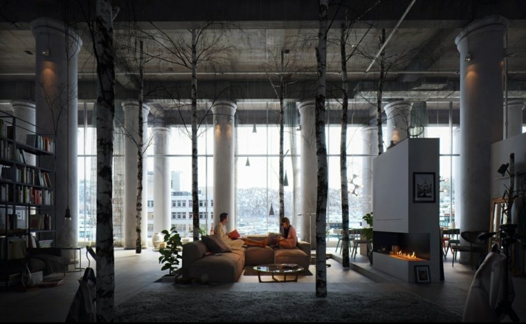 tetőtéri ötlet, hogy elrendezze a nappaliban helyet fotel kanapé modern függő kandalló