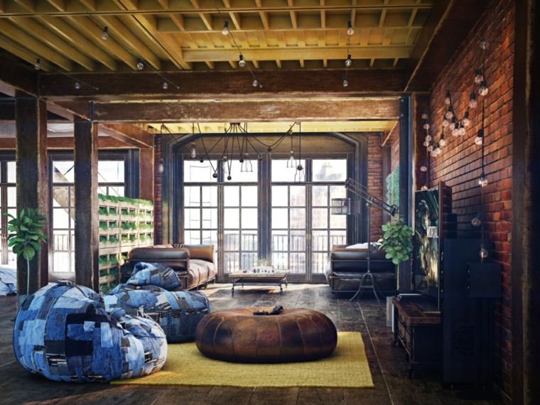 moderno loft industriale arredare soggiorno divano tappeto pavimento in pelle pouf