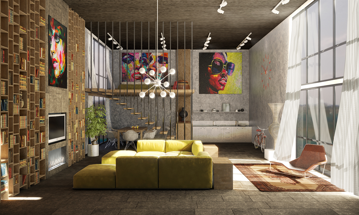 design retrò loft deco muro di mattoni divano giallo soggiorno