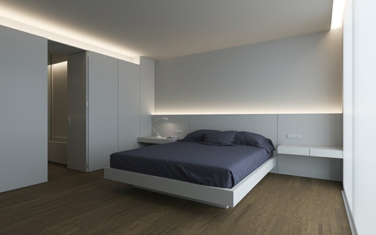 ミニマリストの寝室の明るいヘッドボードのアイデアは、ベッドの寄木細工の木材をクッションします