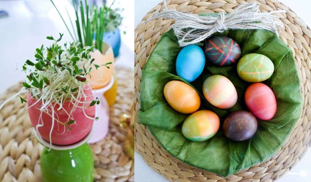 kiaušiniai skirtingų spalvų puodai namų dekoro stalas