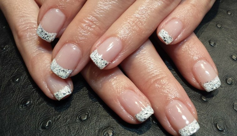 French wedding manicure free edge white glitter