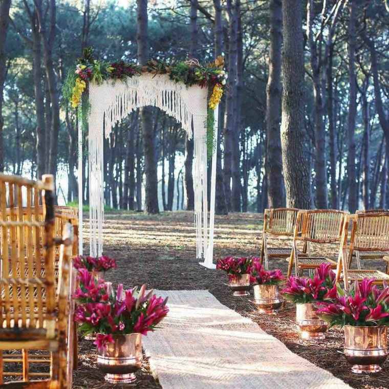 bohemos-prašmatnios-vestuvių ceremonijos-eksterjero-deko-makramė-gėlės