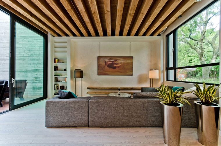šiuolaikiškas interjeras natūralios medžiagos klaidingų lubų medžio dizainas
