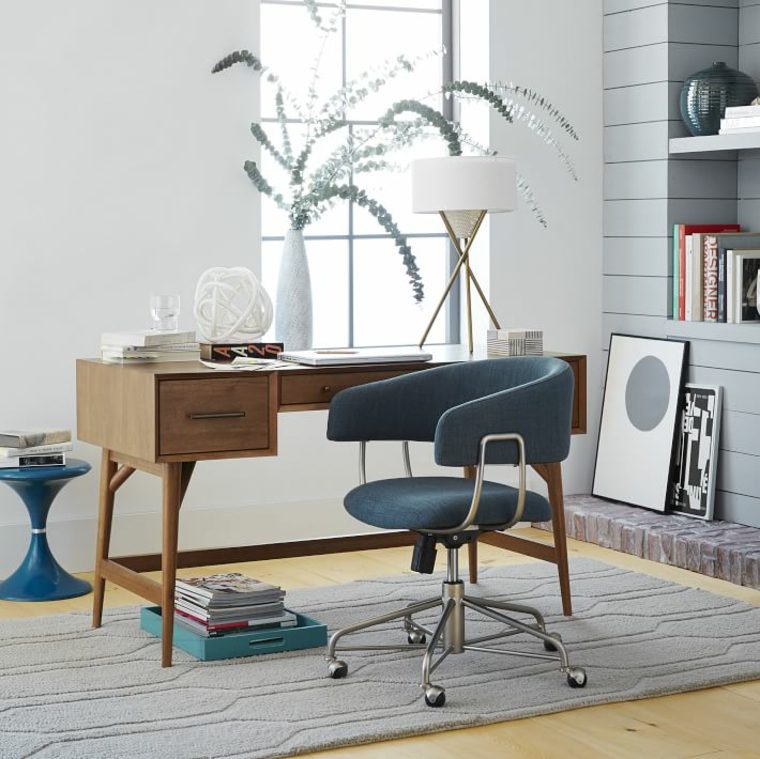 medinis rašomasis stalas dizainas vakarų elmi idėja modernūs baldai mėlyna fotelis pilka grindų kilimėlis natūralus augalų dekoras