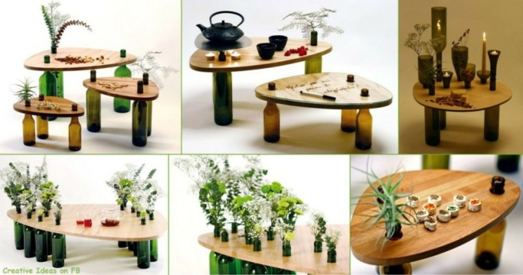 Perdirbimo butelio stiklo medinio stalo dizainas augalų gėlės