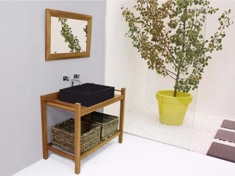 木製バスルームキャビネットミラーフレーム植物収納アイデア