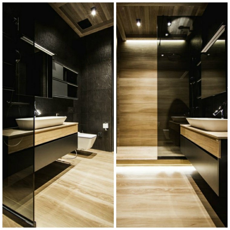 juodos ir medinės vonios spintelės parketo grindų apdaila nedidelė erdvė