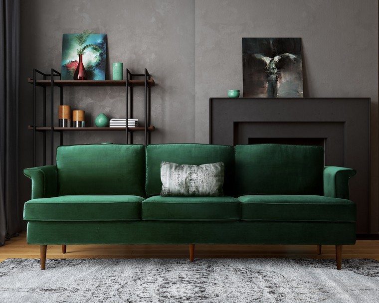 mobili soggiorno alla moda 2019 divano verde tappeto arredamento camino