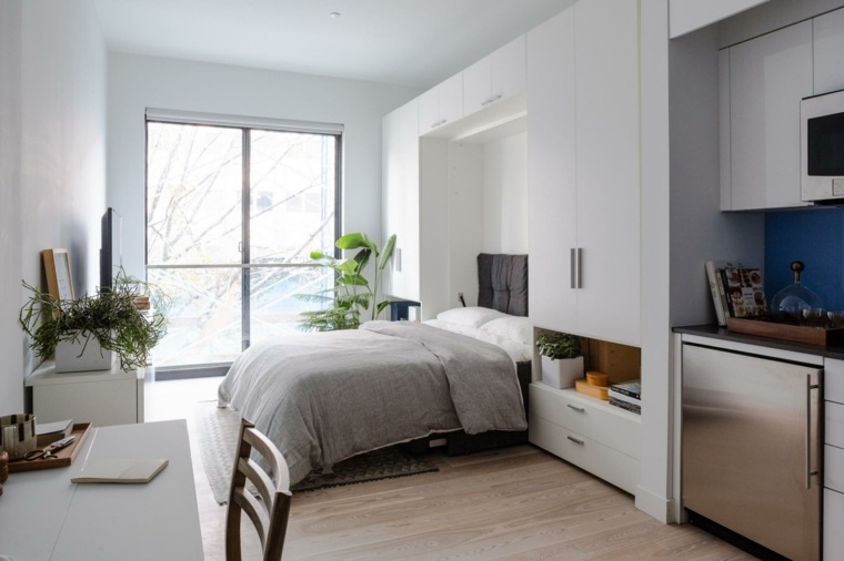 mini studijos dizaino miegamojo lovos lango idėjos augalų stalas