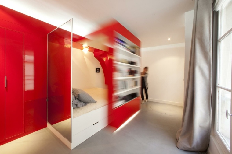 design kis lakás berendezés ötlet stúdió piros polcok