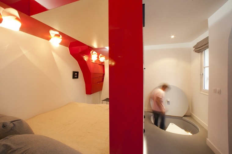モダンなスタジオデザインのアイデア照明ベッドは小さなスタジオスペースを配置します