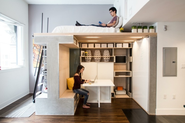 オフィスデザインスペースをアレンジするミニデザインスタジオロフトベッドのアイデア