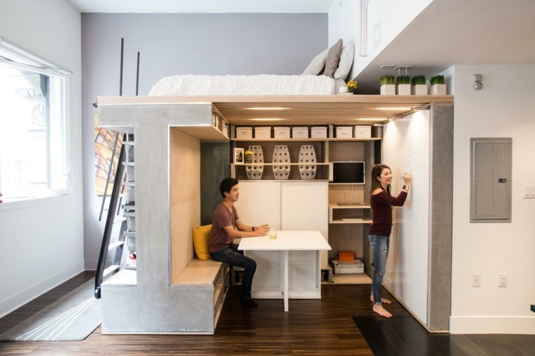 loft design kis stúdió berendezett tetőtéri ágy modern design