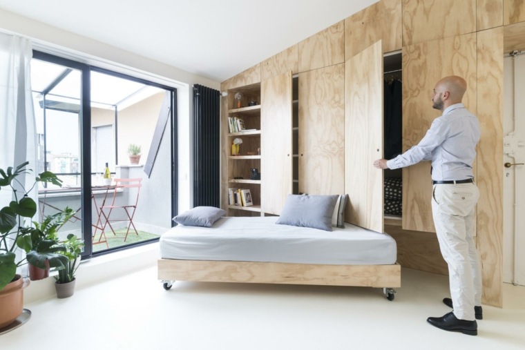 mažos studijos idėjos išdėstymas erdvė lovos laikymas madingas dizainas