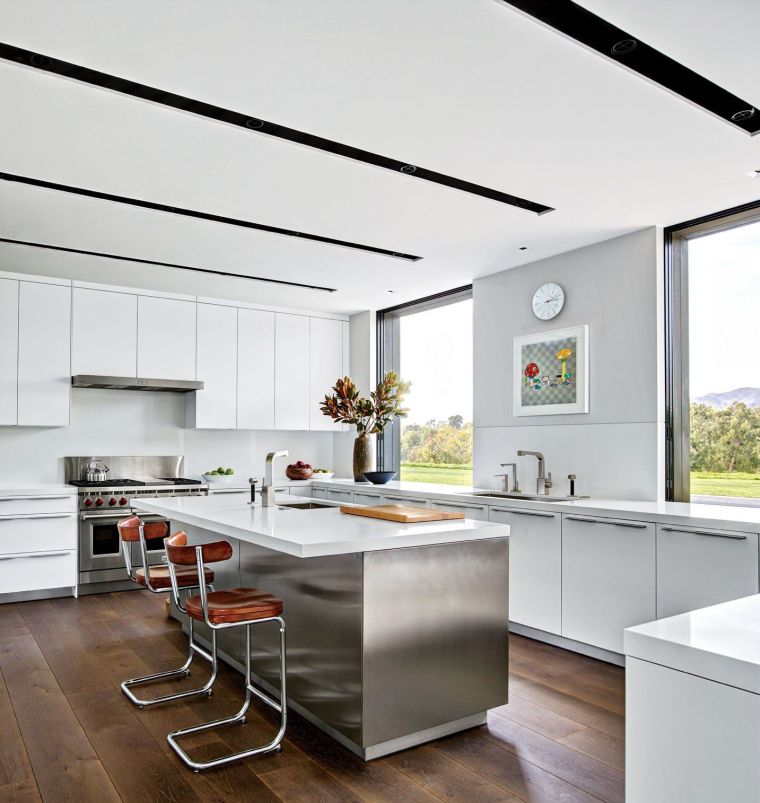 cucina-moderna-modello-bianco-acciaio inossidabile-idee-deco-bar-ilot-design
