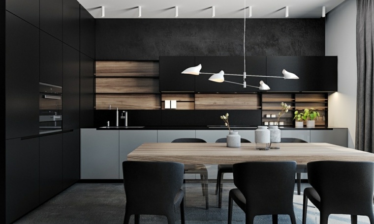 modern fekete és fa konyhai tervezési ötletek