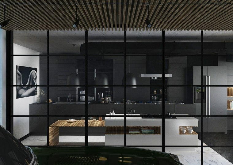 model kuhinje u crnom i drvetu fotografija centralni raspored otoka