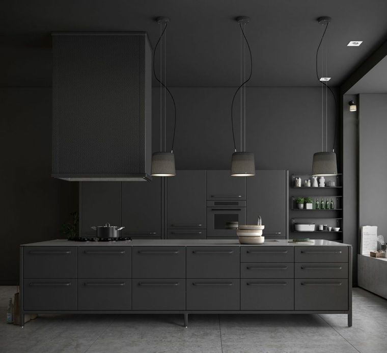 fekete szürke konyha kialakítás függő világítás design
