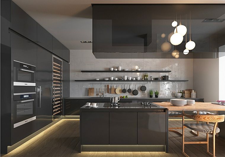 Modern konyha kialakítású fekete fa szekrény