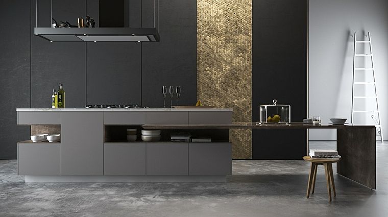 modello di cucina nera idee di pianificazione dell'isola grigia