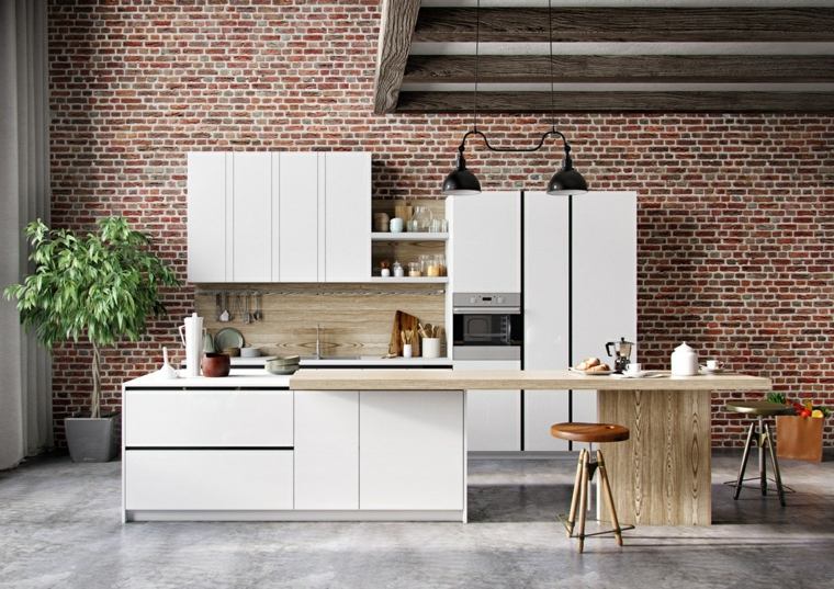 Šiuolaikiniai virtuvės modeliai balto dizaino baldai plytų deko