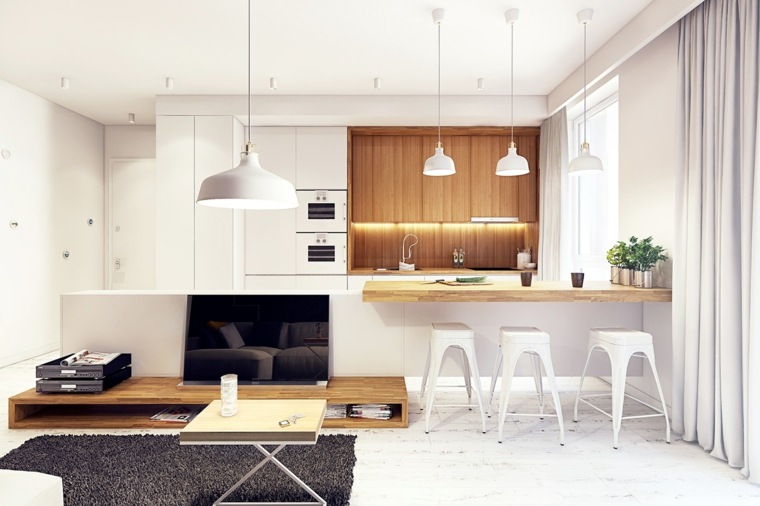 šiuolaikiniai baltos ir medinės virtuvės modeliai