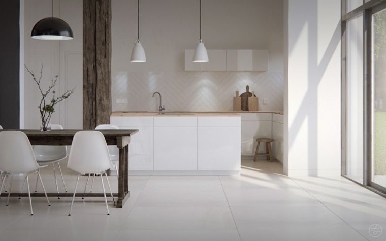 dizaino apšvietimas atvira virtuvė valgomasis stalas balti baldai