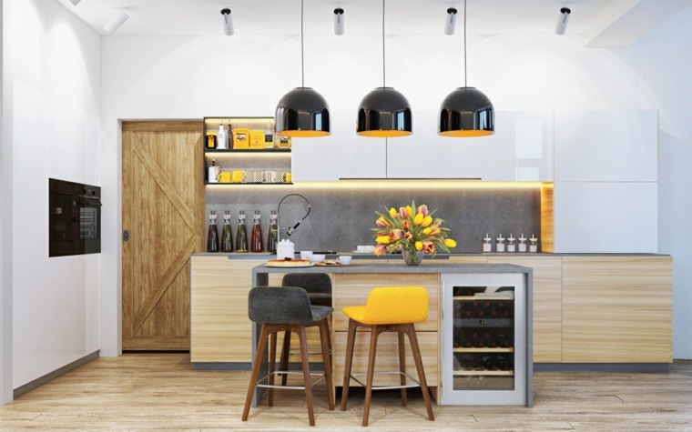 virtuvės pakabuko šviesaus medžio interjero dizaino modelis