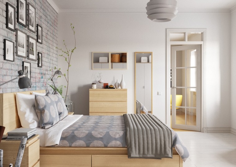 camera da letto parete in mattoni cornici parete deco mobili in legno idea