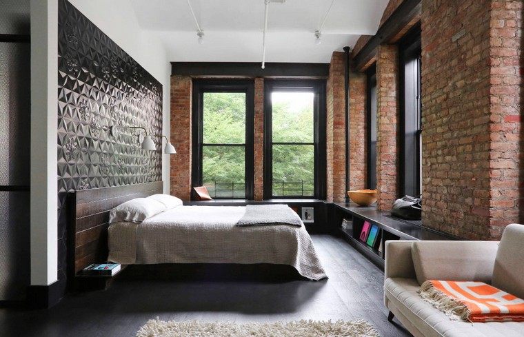 interijer spavaća soba ideja zid teksturirani krevet uzglavlje okvir zidne opeke tepih pod