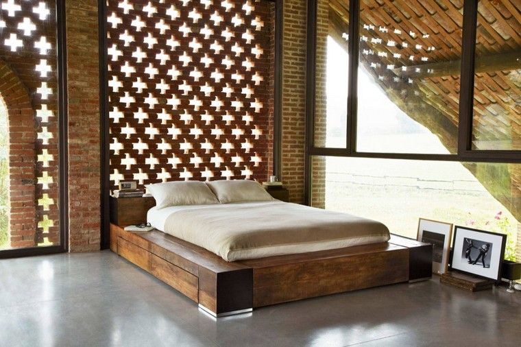 parete di tendenza interna mattoni struttura del letto legno rivestimento in cemento cerato