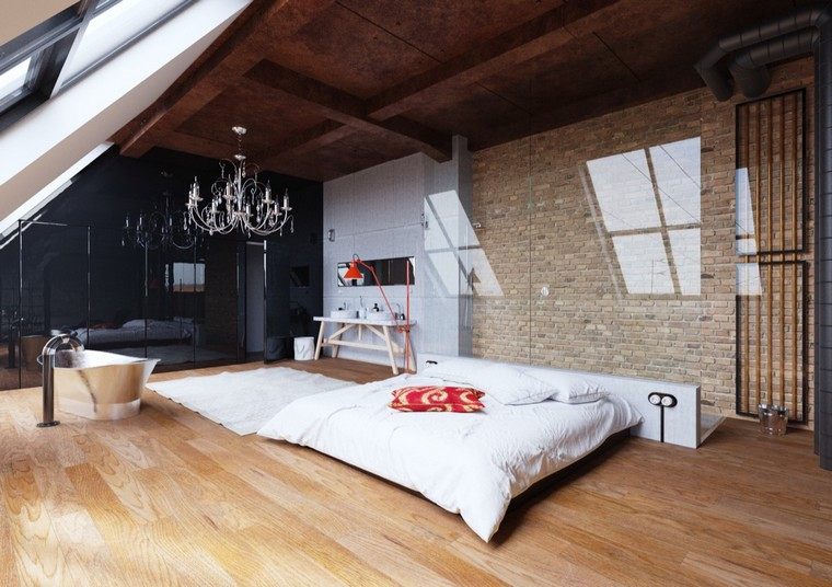 現代的なインテリアデザインの寝室のベッドの木製寄木細工