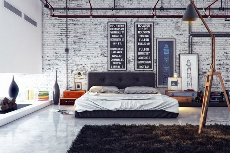 Industrijski spavaći soba ciglani zid krevet prošiven pod tepih uzglavlja