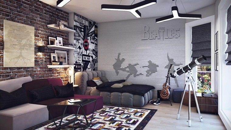 モダンなインテリアデザインレンガの壁紫色のソファベッドの寝室のアイデア