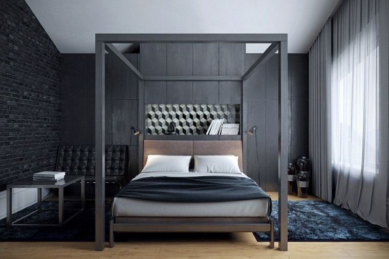 modern belsőépítészeti ötlet ágy fejtámla kék padlószőnyeg