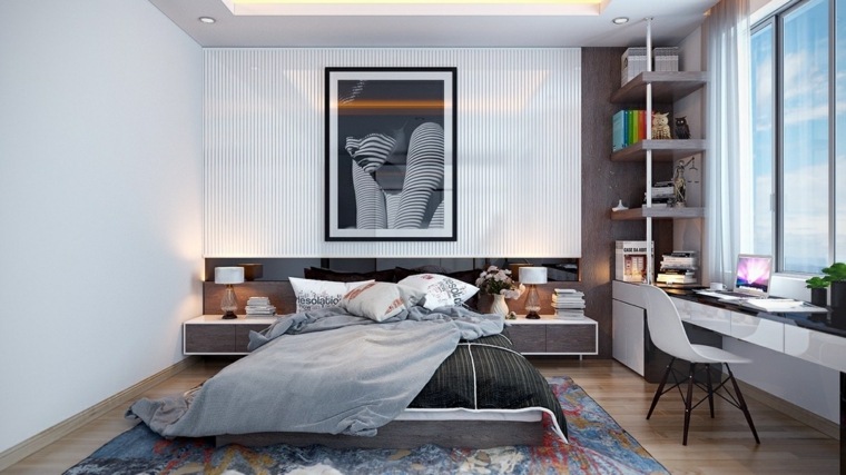 modern belsőépítészet deco falikeret ágy padlószőnyeg polcok