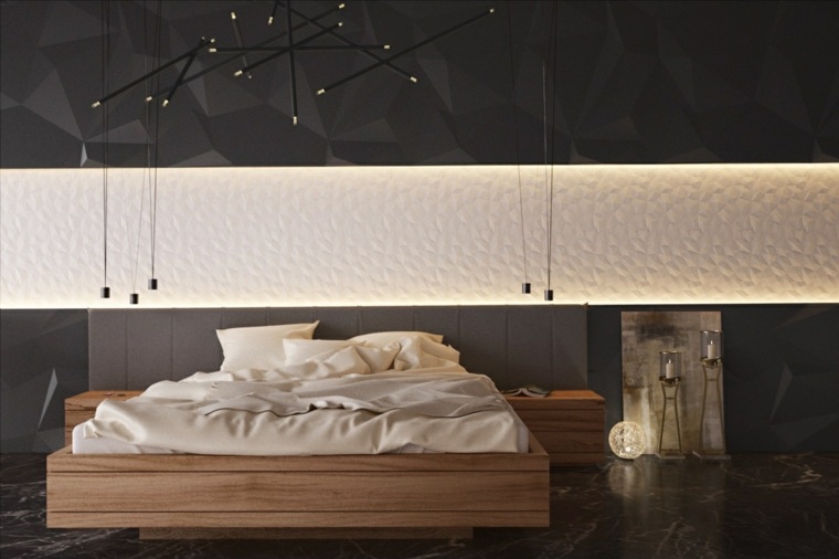 crno -bijela ideja dizajna interijera drveni okvir za krevet privjesak