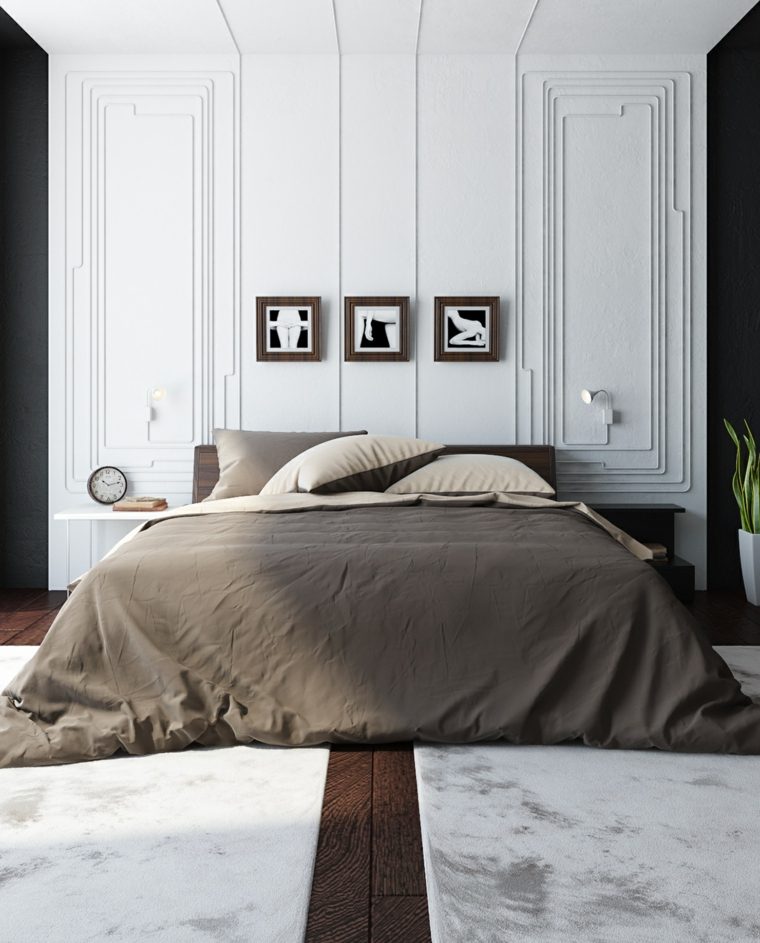 fekete -fehér deco fal hálószoba ötlet ágy padlószőnyeg