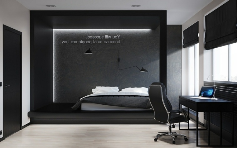 modern belső ötlet fekete hálószoba ágykeret fejtámla ergonomikus szék
