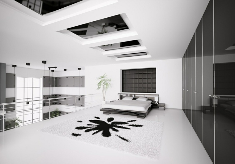 modern belsőépítészeti ötlet ágykeret padlószőnyeg fekete fehér