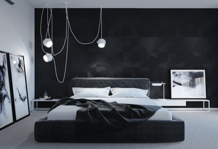 fekete -fehér hálószoba modern design világítótest asztal dekoráció