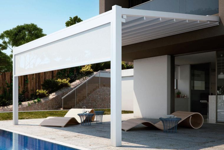 terasa s bazenom s pergolom, moderno oblikovana ploča za zaštitu od sunca