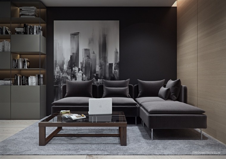 appartamento piccolo spazio interno idea divano ad angolo grigio libreria mobiletto