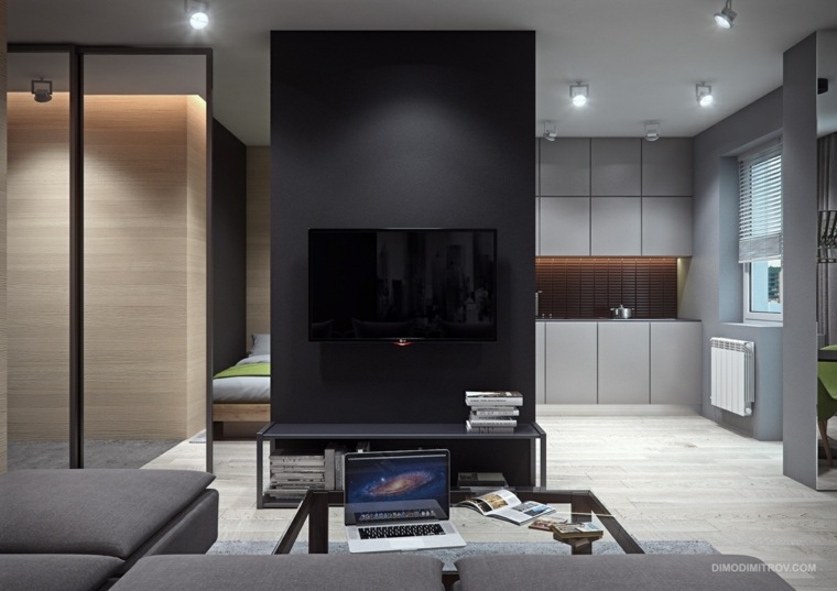 Interior design divano soggiorno grigio tv idea libreria